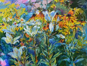Картина лілії, український живопис квіти в саду, картина українського художника сад