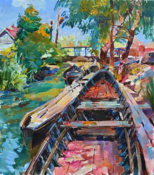 Український живопис човни, картини олією човни, рибальське селище картина пейзаж