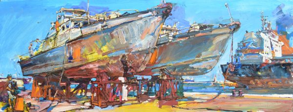 Український індустріальний пейзаж, картина порт, картини українських художників кораблі, пейзаж Одеси картина