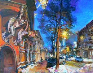 Картина Ярославов вал - ночной город маслом