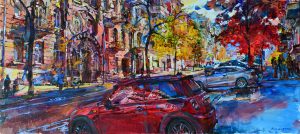 Mini cooper painting, Kutsachenko artwork, Kyiv painting, streets of Kyiv paintings, autumn oil on canvas