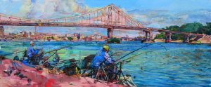 Киев картины украинских художников, картина маслом рыбаки. пейзаж Киева живопись