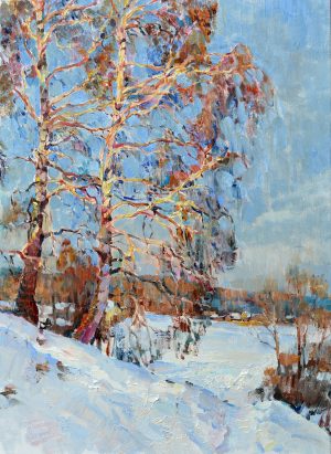 Картина українськоно художника зима, зимовий пейзаж з березами, картина пейзаж зима