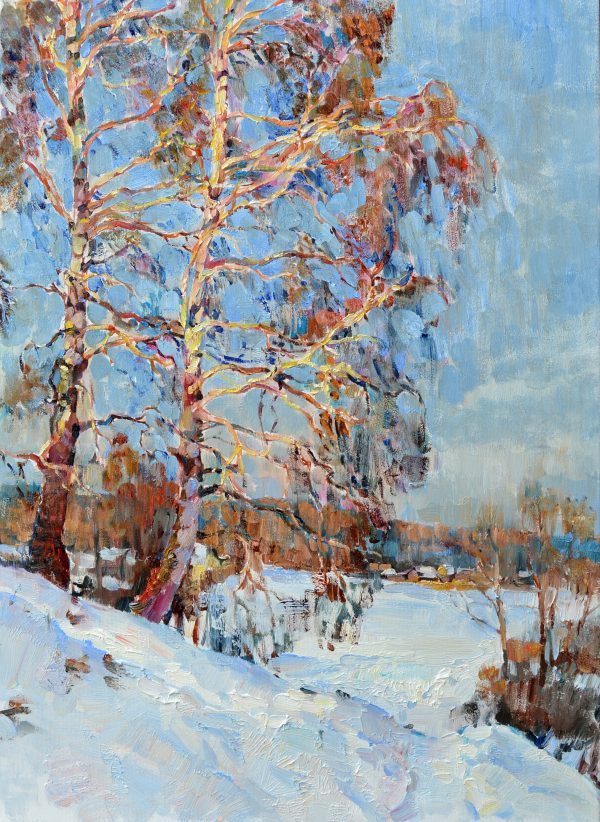 Картина українськоно художника зима, зимовий пейзаж з березами, картина пейзаж зима