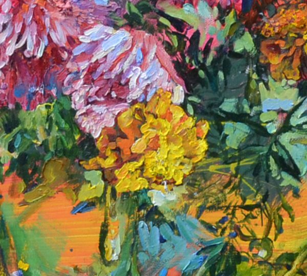 Хризантеми та чорнобривці- натюрморт українського художника