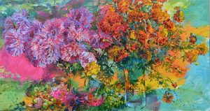 Хризантеми та чорнобривці- натюрморт українського художника