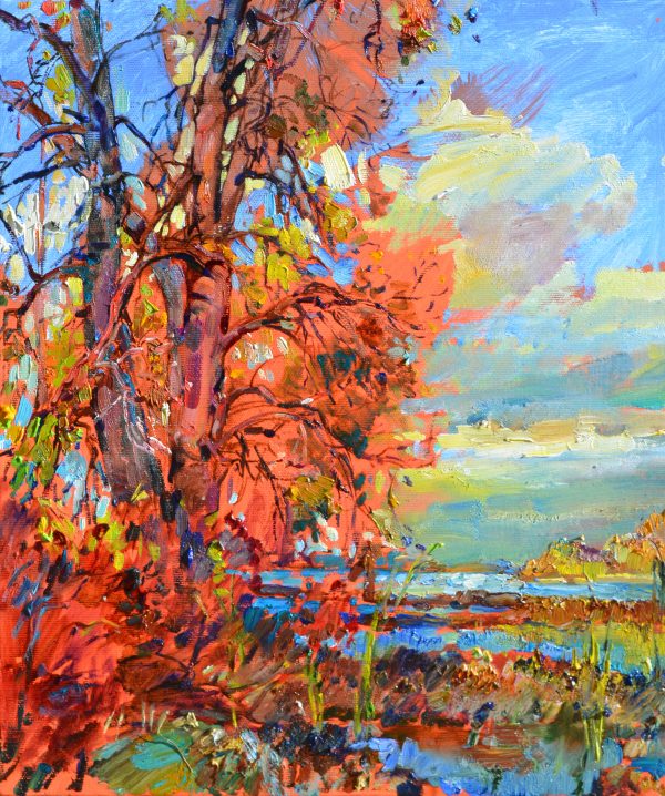 Картина українського художника осінь, осінні дерева живопис, осінній пейзаж українських художників, картина золота осінь