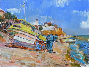 Картина українського художника пляж, картина олією море , сучасна картина з маяком