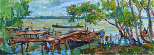 картина рибальське селище, живопис човни