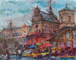 Імпресіоністичний міський пейзаж Львова. На передньому плані розташований квітковий ринок із яскравими червоними, жовтими та фіолетовими квітами, поруч прогулюються люди. На тлі височіє історична архітектура площі Ринок із бароковими фасадами та вежами. Над містом — світле хмарне небо після дощу.